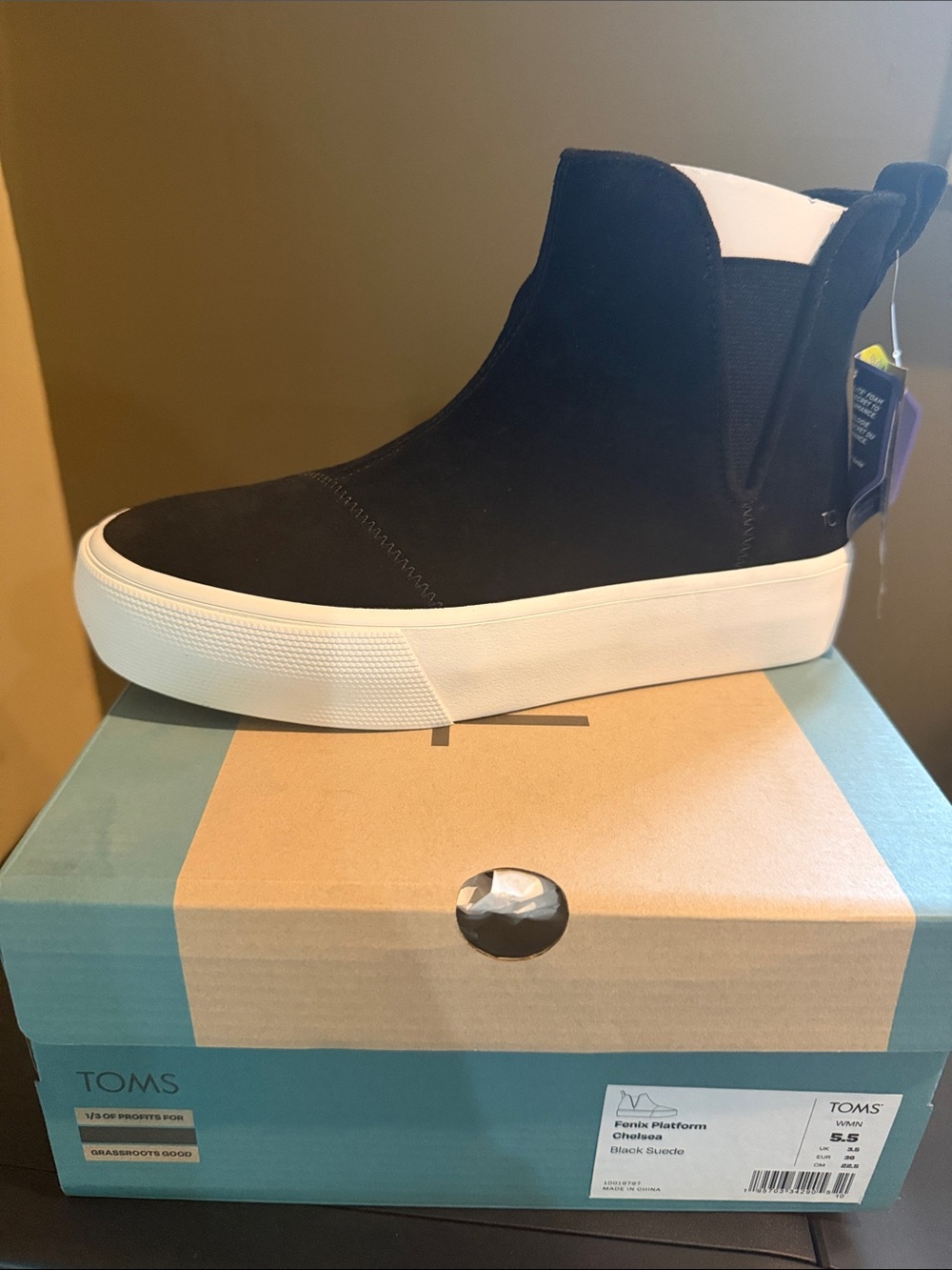 Toms Black Suede Platform Chelsea Sneaker with White Sole